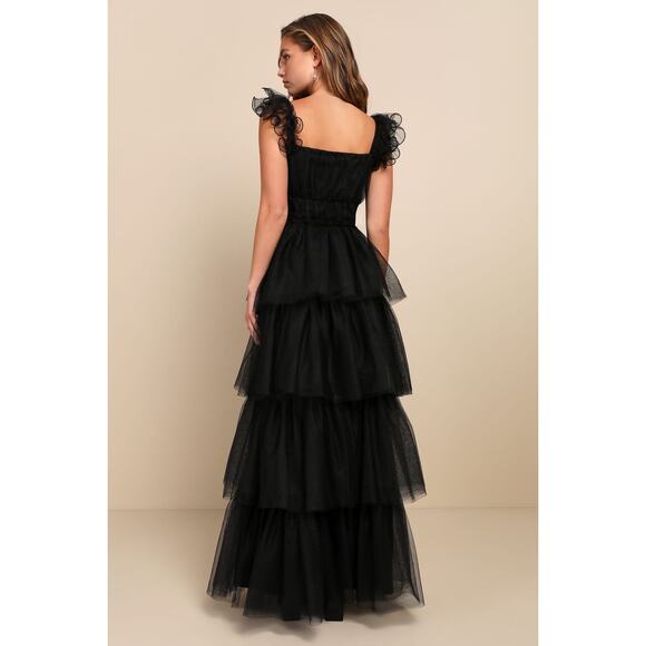 NWT Lulus Tulle For Love Black Mesh Tulle Tiered Ruffled Maxi Dress Wedding Sz L - Picture 6 of 7